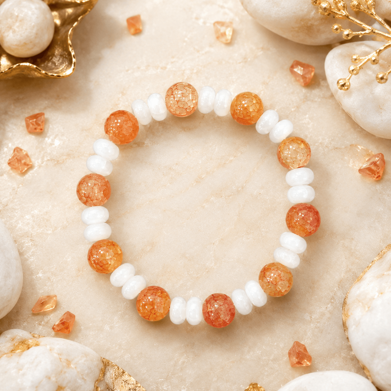 Warm Orange Gradient Exploding Flowers Glass Bead Bracelet, Casual Style